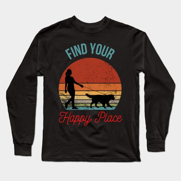 Find Your Happy Place: Silhouette of Girl Walking Dog with Retro Sunset Background Long Sleeve T-Shirt by The Wolf and the Butterfly